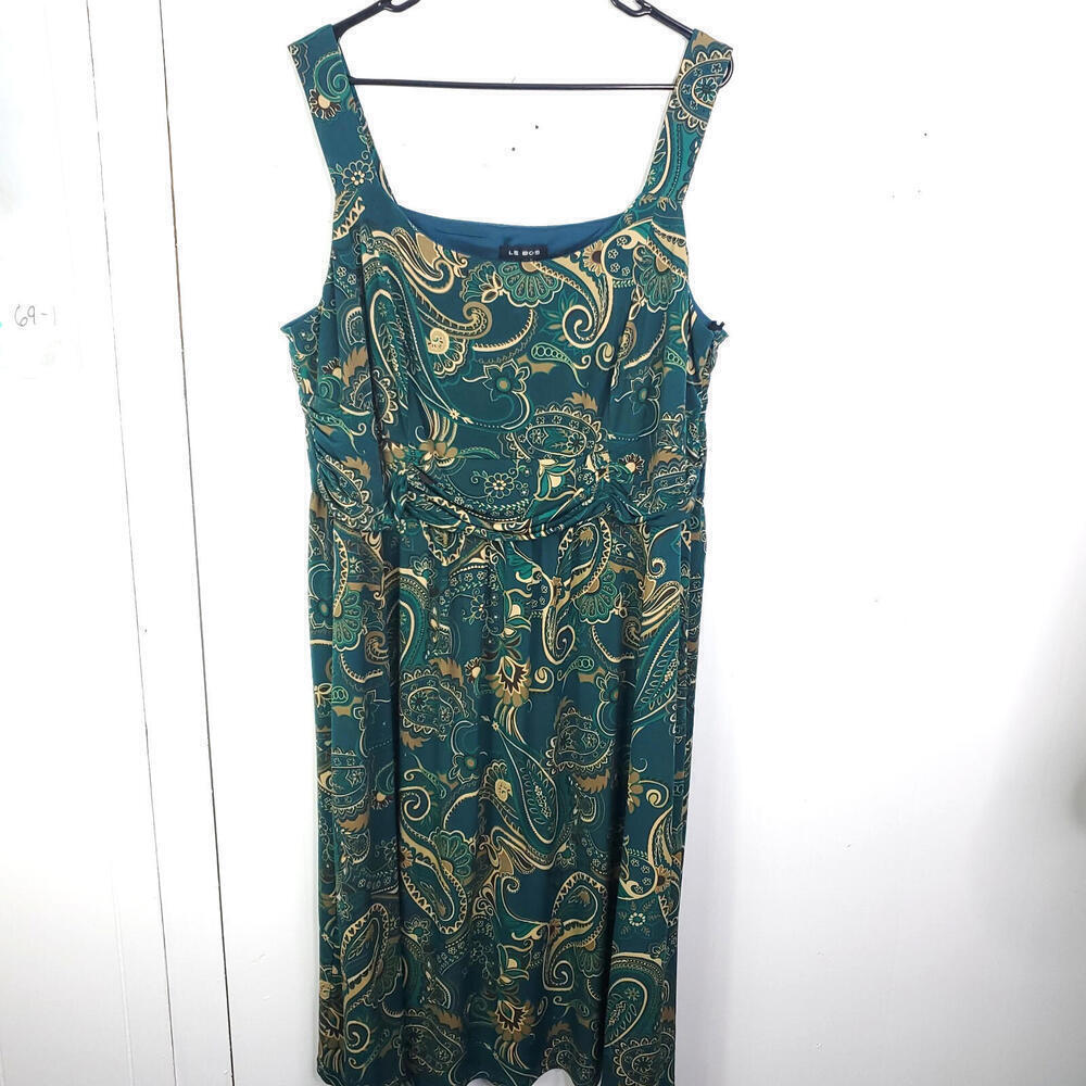 Le Bos Dress Womens 18W Colorful Green Paisley Ruched Draped Waist Flattering